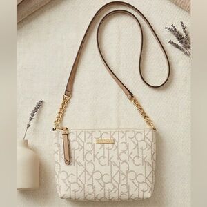 788 Calvin Klein Beige and Gold Monogram Crossbody Bag Small Shoulder Purse OS